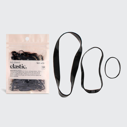 KITSCH Black No-Snag Elastics 100pc Set — packaging shown with three elastics in small, medium, and large sizes — versatile hold for all hair types