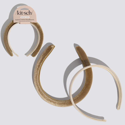 KITSCH Cream & Camel Satin & Velvet Headbands — hero product shot of satin and velvet headband duo in cream and camel — 2-piece set in soft neutral tones