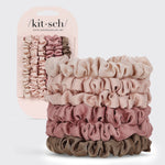 KITSCH Terracotta Ultra Petite Satin Scrunchies 6pc Set — hero product shot — 6 mini satin scrunchies in warm terracotta tones — snag-free hold with no creasing or damage