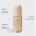 Kitsch Warm Sugar Hair Perfume scent notes infographic with top, middle, and base fragrance notes on a white background
