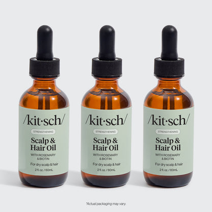KITSCH Strengthening Rosemary & Biotin Scalp & Hair Oil 3-Pack — hero product shot — three 2fl oz./60mL bottles — 100% plant-based oil with rosemary extract and biotin — stock up and save