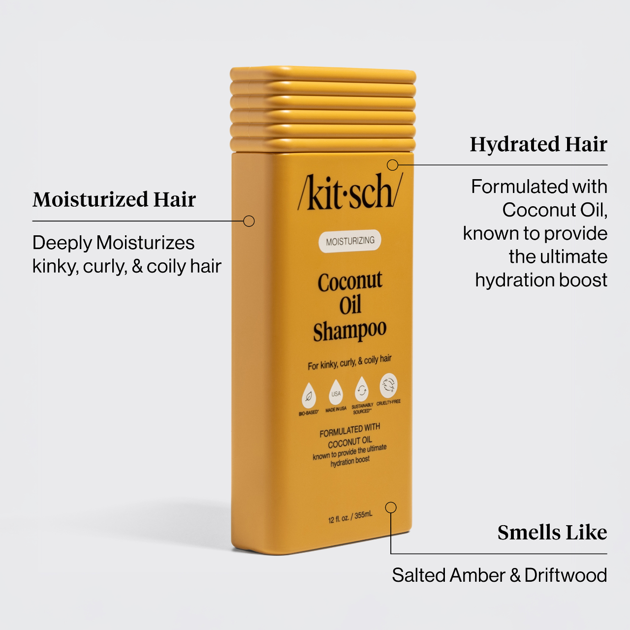 KITSCH Coconut Oil Shampoo features: moisturizes kinky curly coily hair, hydrating formula, Salted Amber & Driftwood scent
