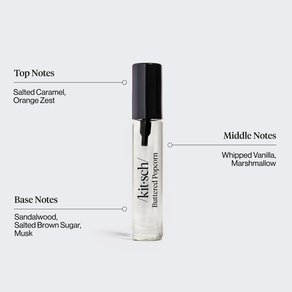 KITSCH Movie Theater Hair Perfume Trio Set — Buttered Popcorn scent infographic — Smells Like: salted caramel, marshmallow & creamy sandalwood — Sweet, gourmand & comforting fragrance — Smell like a snack — Patented technology eliminates odors at the source — A quick way to refresh your hair between washes