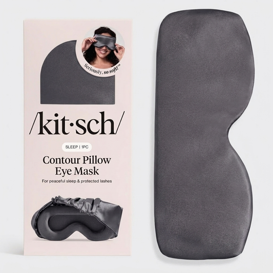 Kitsch Charcoal Contour Pillow Eye Mask lying flat on white surface showing ruched elastic band